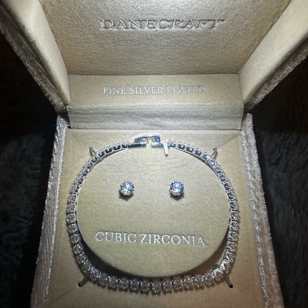 Dancecraft Fine Silver Plated CZ Tennis Bracelet & Stud Earrings